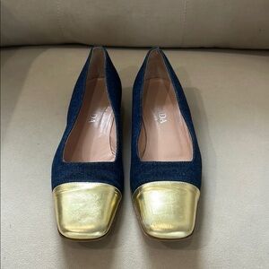 Escada Navy denim and Gold Flats. Size 7